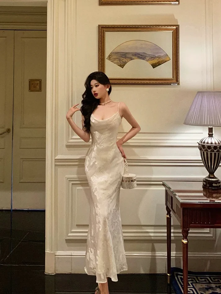 Elegant Mermaid Floral Ivory Satin Prom Dress Spaghetti Straps Party Gown Birthday Outfit cc1504