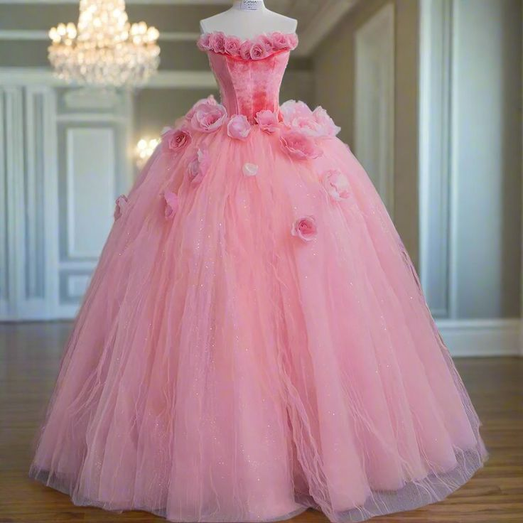 Pink Princess Ball Gown Sweet 16 Dress Fairy 3D Flowers Tulle Prom Dress Quinceanera Dress cc1637