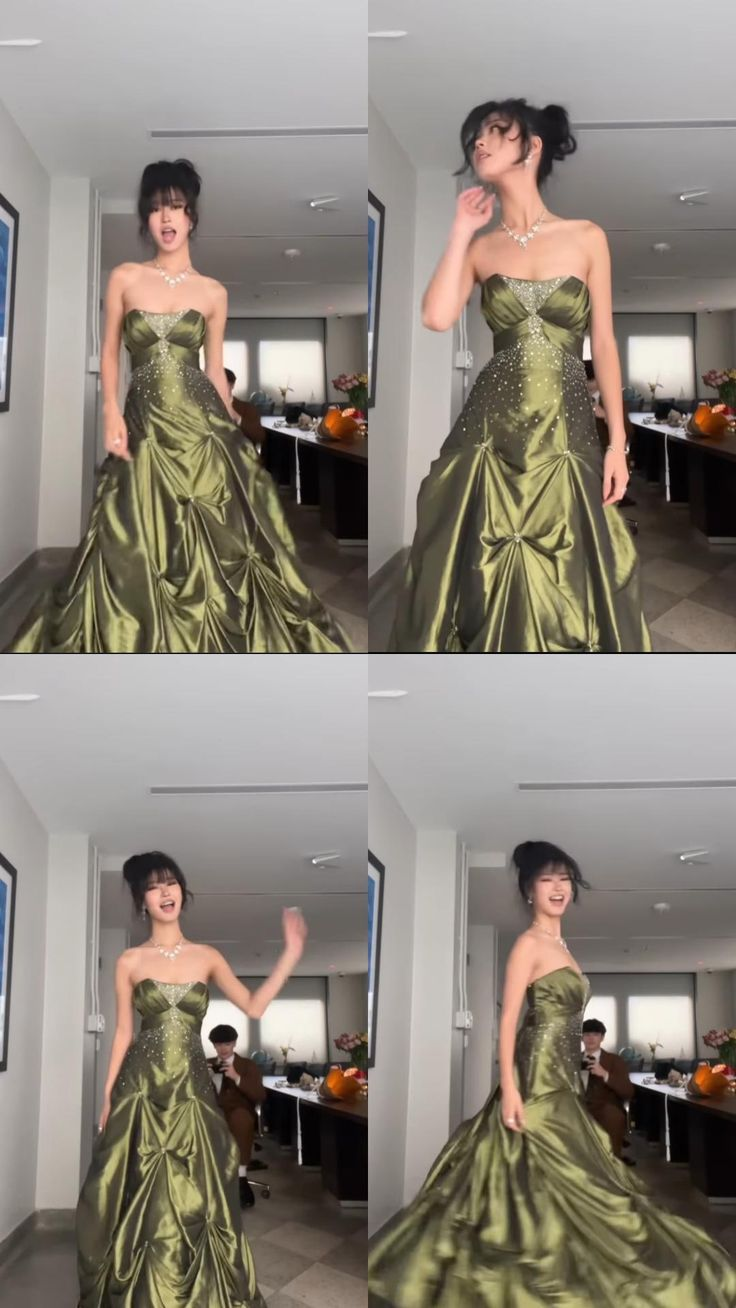 Luxurious Strapless Ball Gown Vintage Green Beaded Prom Dress Evening Dress cc1427