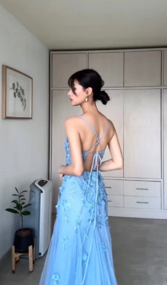 Charming Blue Mermaid Tulle Appliques Evening Dress,Long Prom Party Dress cc2585