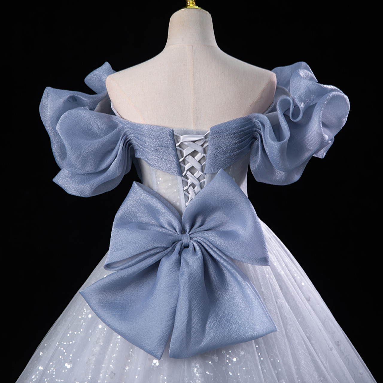 Fairy Blue Tulle Sequins Off the Shoulder Quinceanera Dress Cute Ball Gown With Bow cc1700