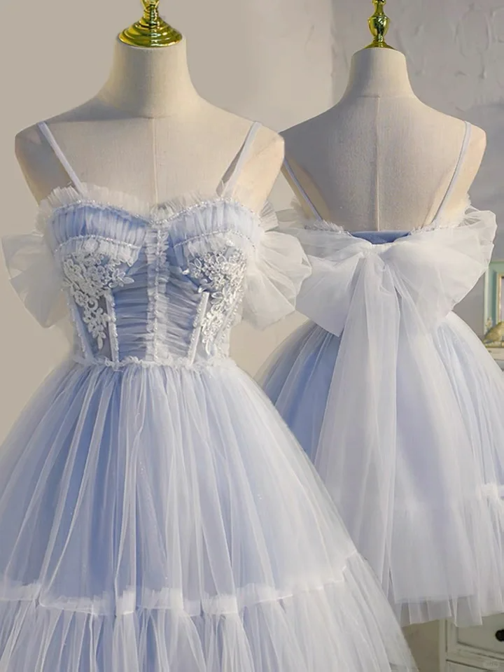 Simple Blue Spaghetti Straps Tulle Appliques Short Birthday Dress A Line 8th Grade Homecoming Dress cc3426