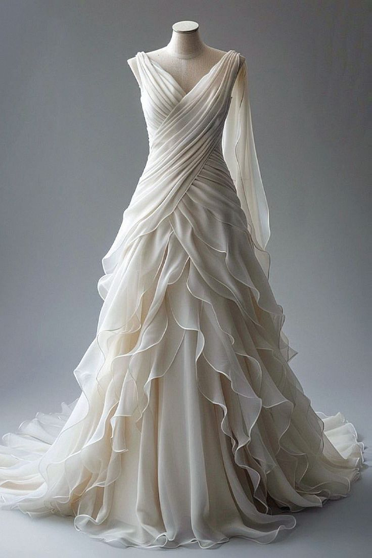 Elegant Ivory Princess Ball Gown V Neck Ruched Ruffles Chiffon Prom Dress Wedding Dress cc2429
