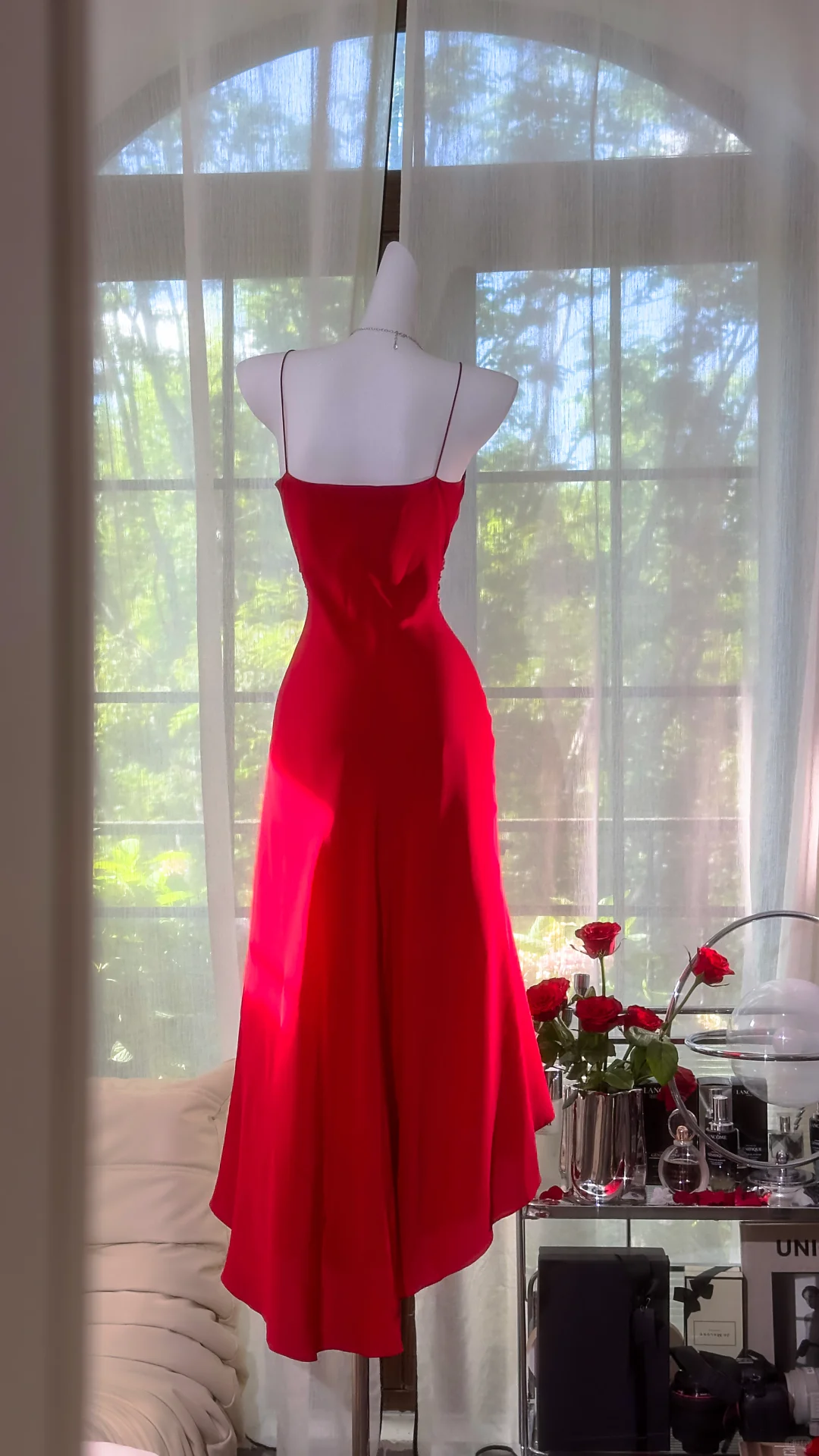 Pretty V Neck Red Birthday Party Dress Spaghetti Straps Mermaid Evening Dress cc3336