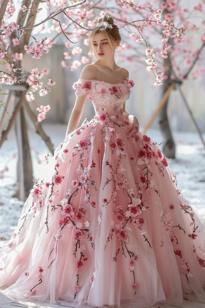 Pretty Pink Off The Shoulder Tulle Appliques Ball Gown,Formal Prom Dress cc2813
