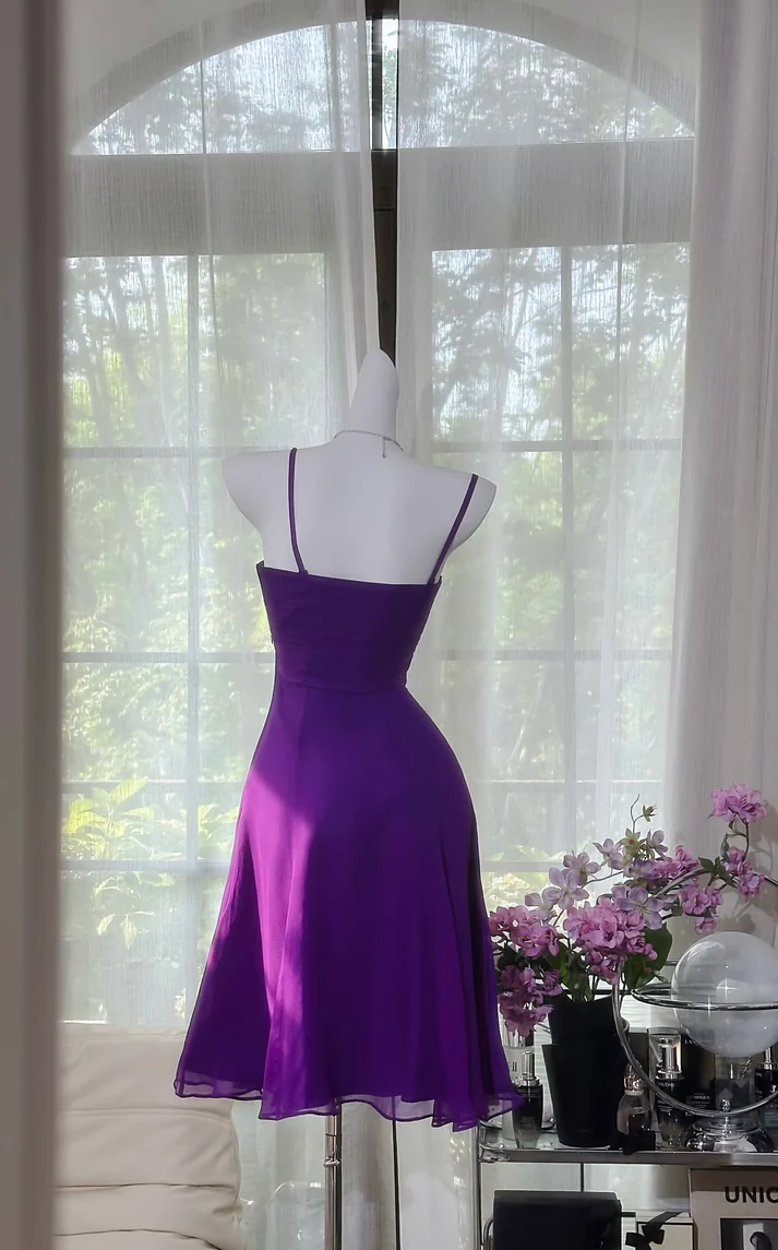 Beautiful Purple Spaghetti Straps Chiffon A Line Homecoming Dress Short Prom Dress cc3455