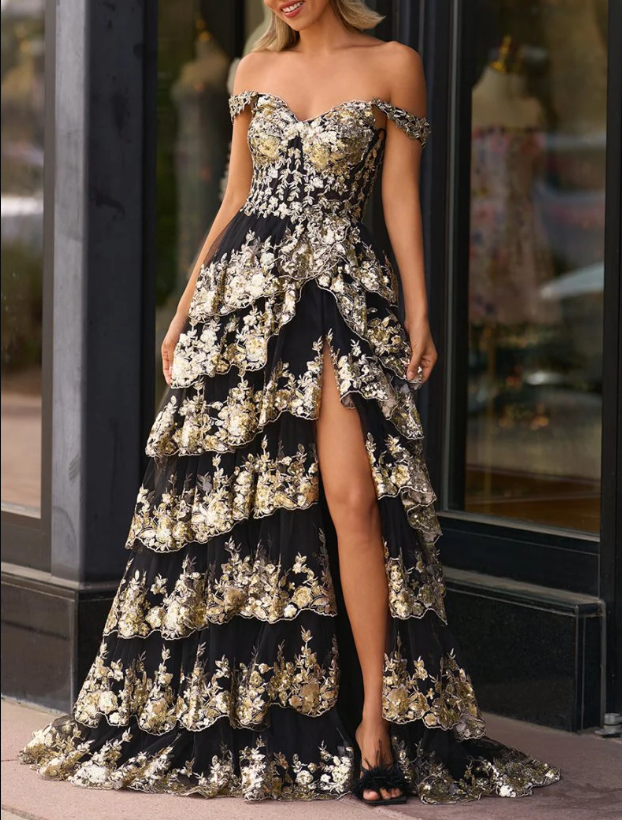 Gorgeous Black Tulle Lace Appliques Tiered Evening Dress,A Line Off The Shoulder Slit Prom Party Gown cc2869