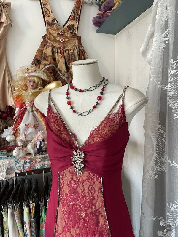 Retro Lace Burgundy Long Prom Dress Mermaid Evening Party Gown cc3017