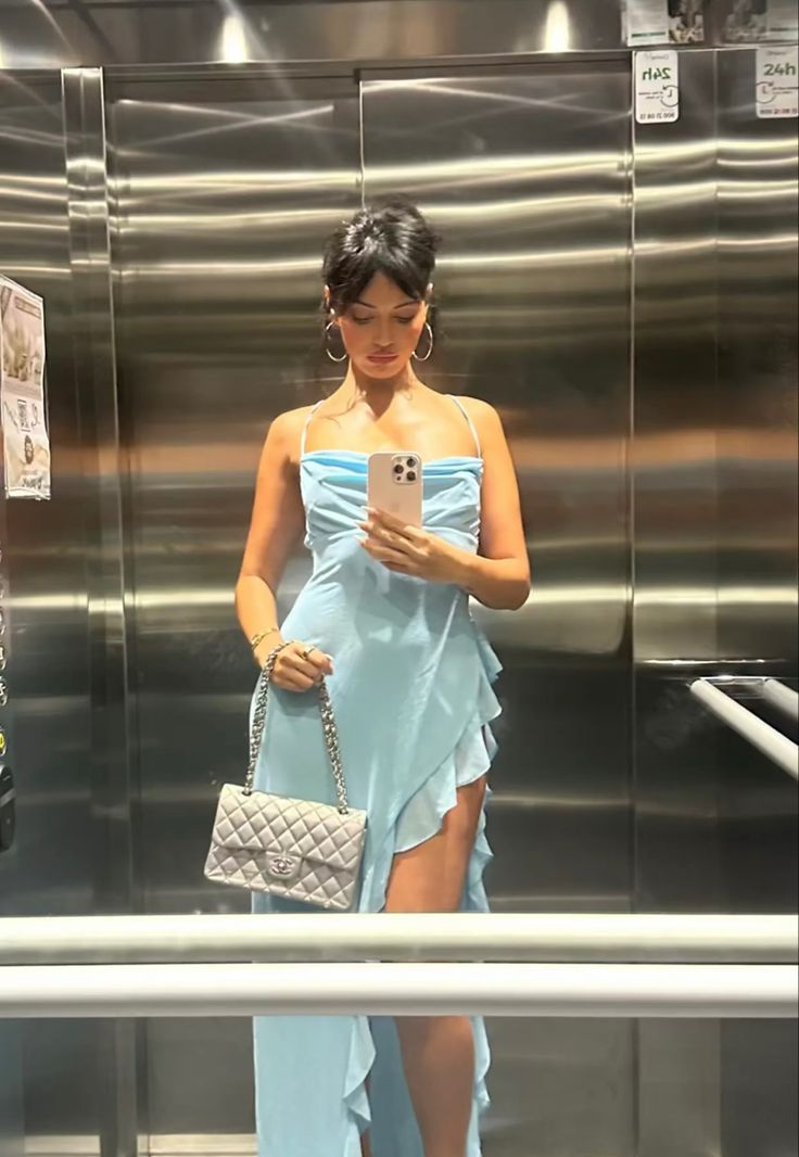 Spaghetti Straps Blue Chiffon Slit Ruffles Party Dress Sexy Prom Evening Gown cc2173