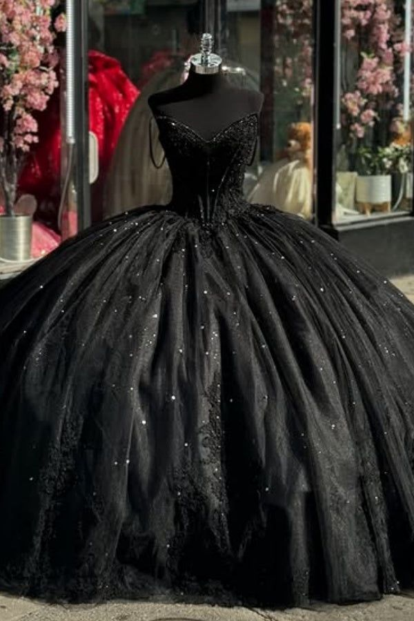 Sparkly Quinceanera Dress Sweetheart Neck Tulle Sequins Appliques Birthday Ball Gown With Bow cc2387