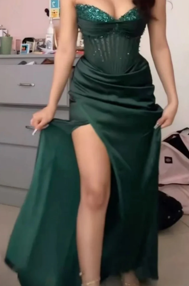 Vintage Green Strapless Sequins Satin Slit Evening Dress,Mermaid Party Prom Dress cc2935