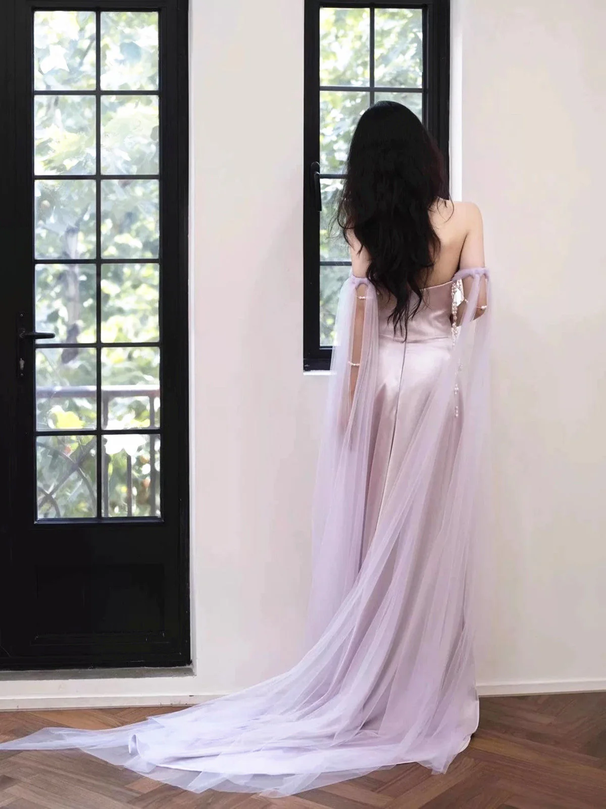 Elegant Lilac Satin Mermaid Pearls Evening Dress Long Prom Dress Wedding Dress cc2770