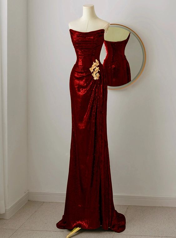 Charming Sequins Burgundy Strapless Long Evening Dress Mermaid Party Dress Prom Dress cc1464