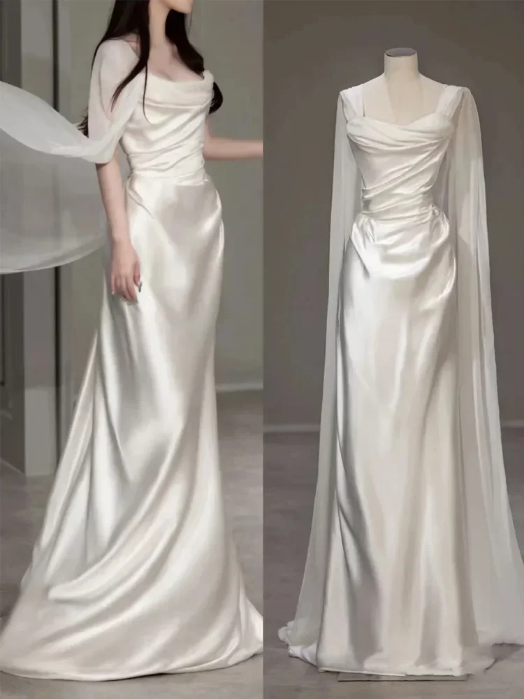 Beautiful Wedding Dress New Simple Two Wear Slim Satin White Prom Dress cc1656