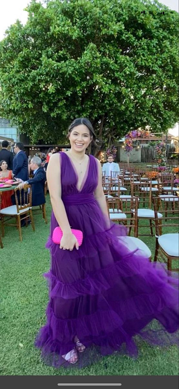 Deep V Neck Purple A-line Tulle Prom Dress,Purple Formal Gown cc748