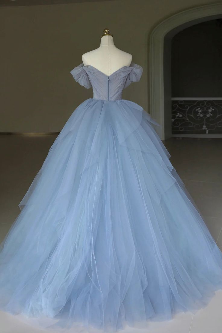 Blue Tulle Appliques Long Prom Dress, Off the Shoulder Evening Dress Ball Gown cc1695
