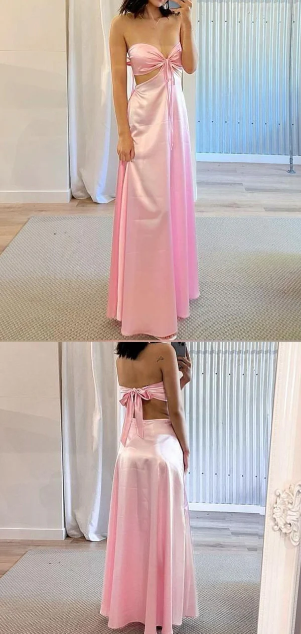 Sexy Pink Satin Backless Party Gown Long Prom Dress cc2265