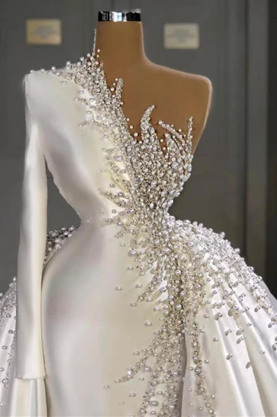 Gorgeous One Shoulder Satin White Beading Mermaid Prom Dresses C1378