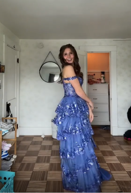 Pretty Blue Tulle Sequins Layered Prom Dress Long Slit Party Evening Gown cc2452