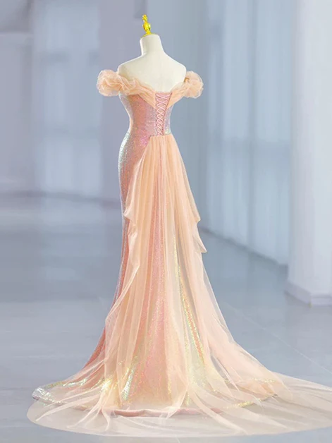 Classy Pink Sequins Off Shoulder Mermaid Party Dress Long Prom Evening Gown cc2190