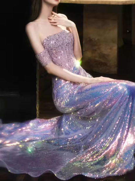 Glitter Sequins Beaded Mermaid Evening Dress,Lilac Off Shoulder Party Prom Dress cc2636