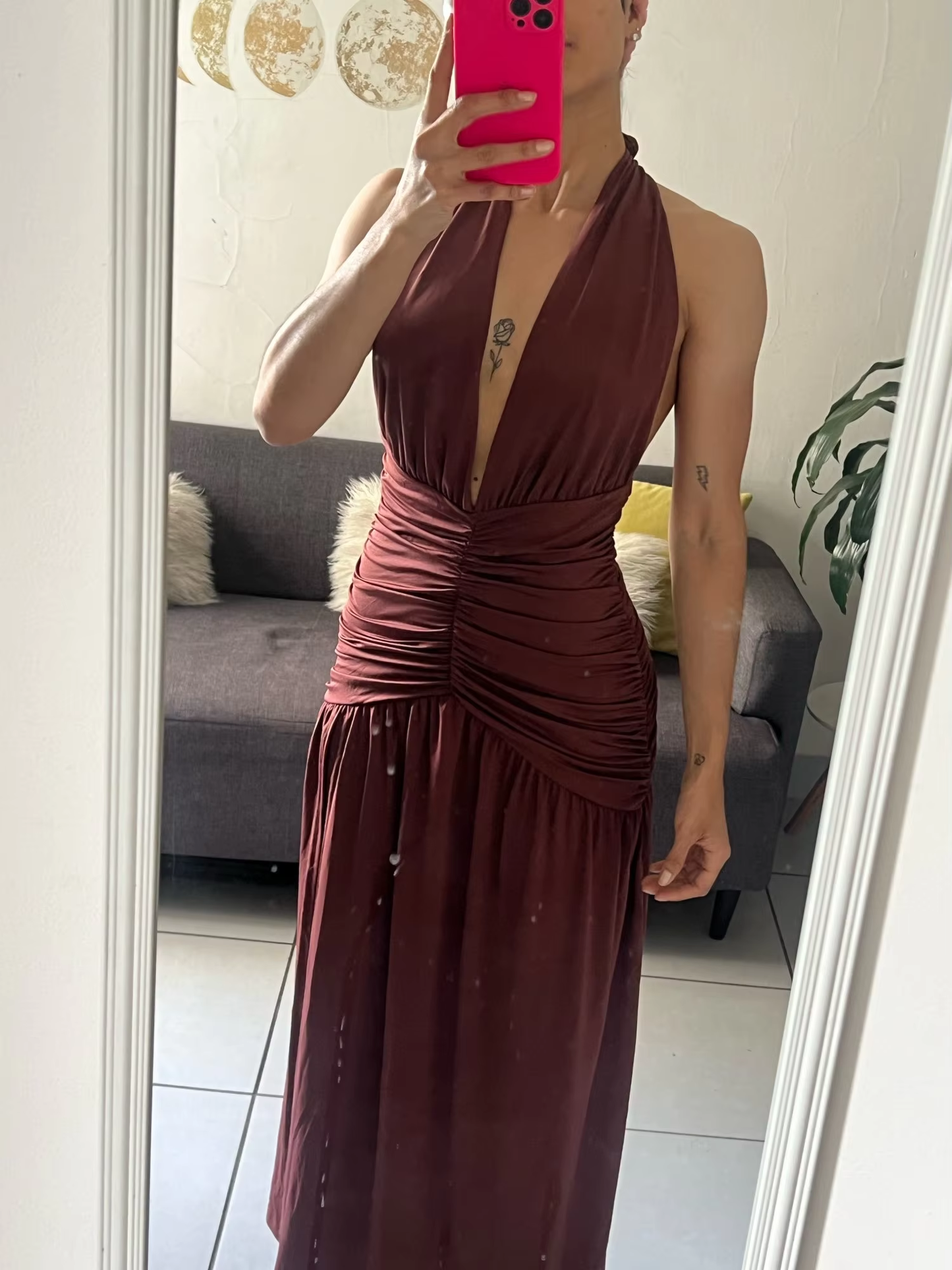Sexy Halter Backless Party Evening Dress,Brown V Neck Slit Prom Dress cc2915
