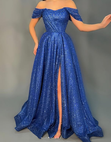 Sparkly Blue Off The Shoulder Sequins A Line Prom Dress,Slit Party Evening Dress cc2970