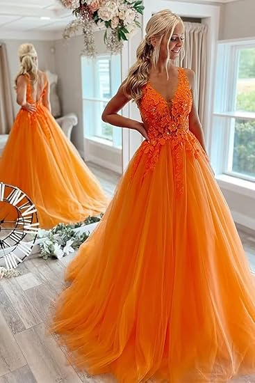 Elegant v-neck orange prom dress with appliques C984