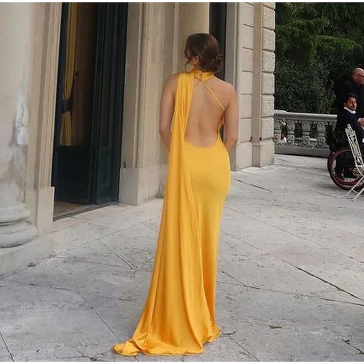 Sexy Halter Yellow Satin Backless Mermaid Evening Dress,Long Party Dress cc2900