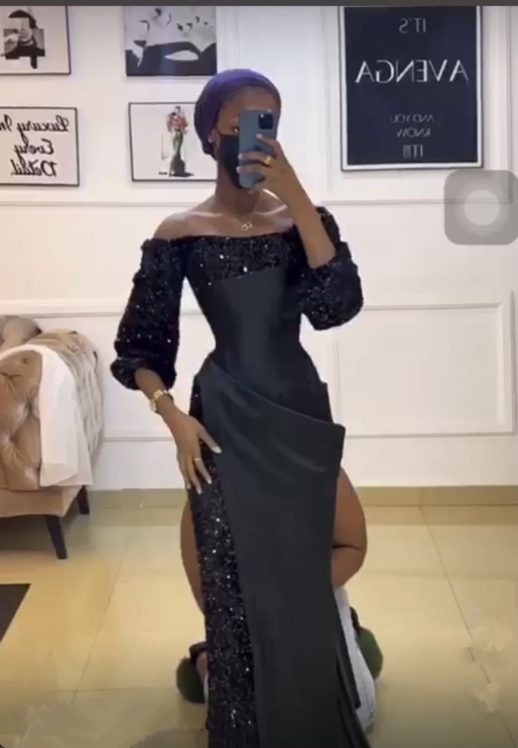 Unique Black Satin Sequins Long Prom Dress Sexy Party Evening Gown cc2243