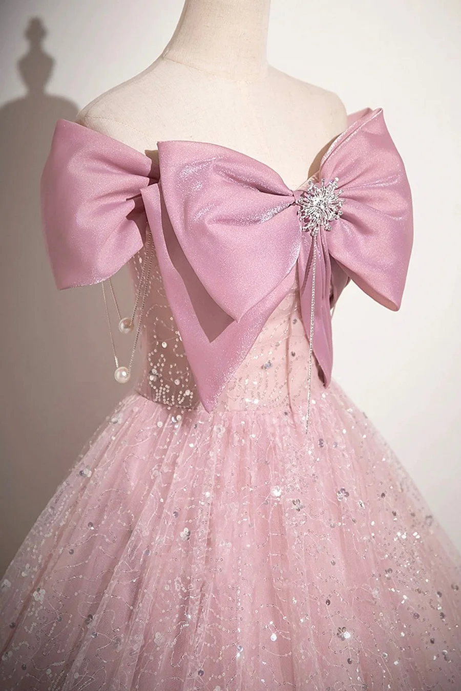 Cute Pink Tulle Sequins Long A-Line Ball Gown, Off Shoulder Sweet 16 Dress cc1732
