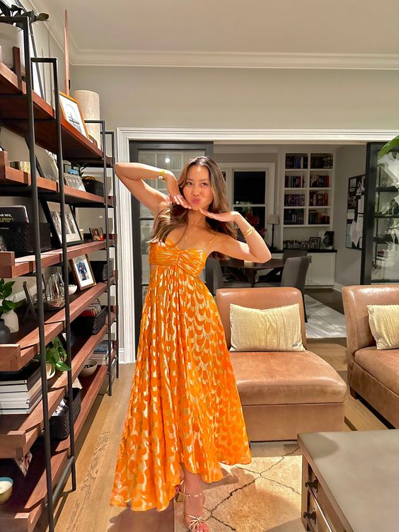 Chic Orange Long A Line Prom Dress Spaghetti Straps Evening Party Gown cc1443