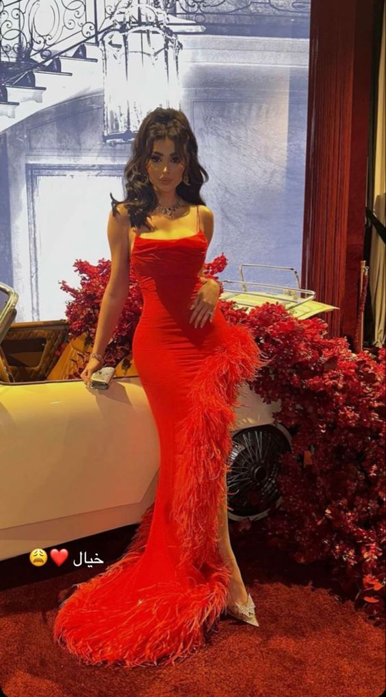 Sexy Mermaid Red Straps Long Prom Dress,Formal Evening Dress With Feathers cc1701