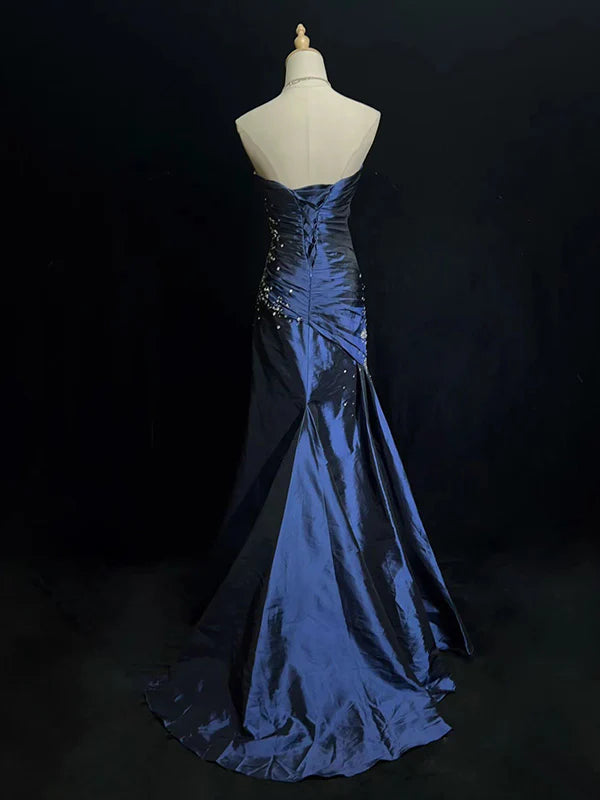 Sexy Sweetheart Blue Mermaid Satin Beaded Long Prom Dress Party Gown cc1550