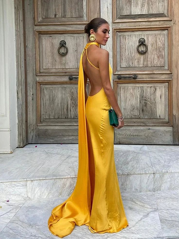 Sexy Halter Yellow Satin Backless Mermaid Evening Dress,Long Party Dress cc2900