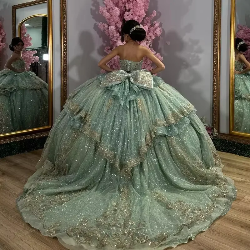 Charming Green Tulle Sequins Gold Appliques Ball Gown,Formal Quinceanera Dress cc2626