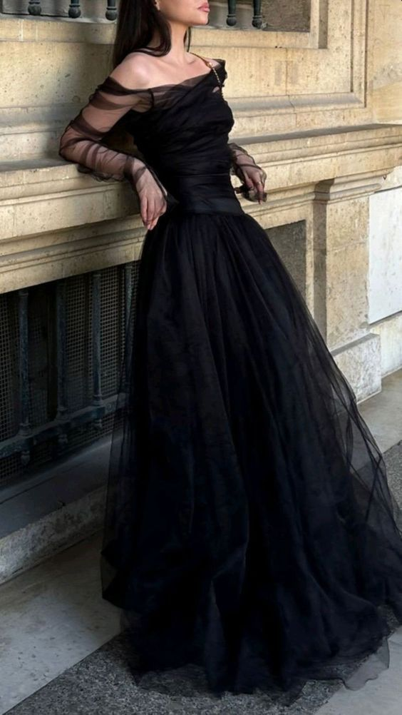 Vintage Black Off The Shoulder Tulle Long Prom Dress Evening Dress cc1624