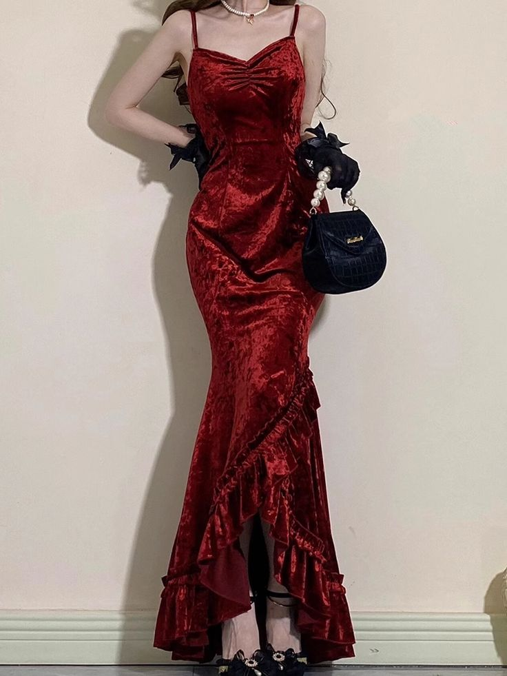 Vintage Burgundy Mermaid Ruffles Prom Dress Spaghetti Straps Long Party Dress Evening Dress cc1461