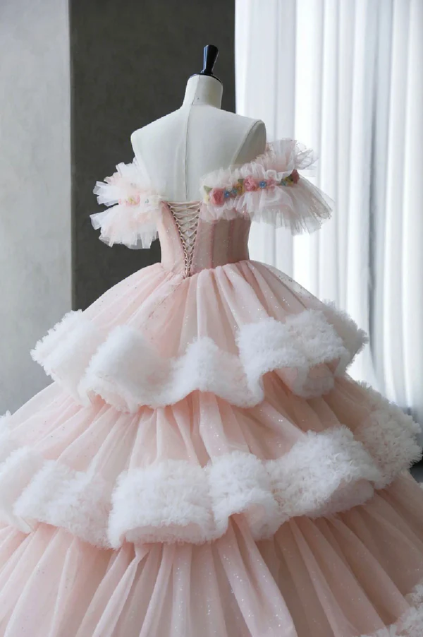 Classy Off The Shoulder Tulle Pleated Tiered Ball Gown Sweet Quinceanera Dress cc1771
