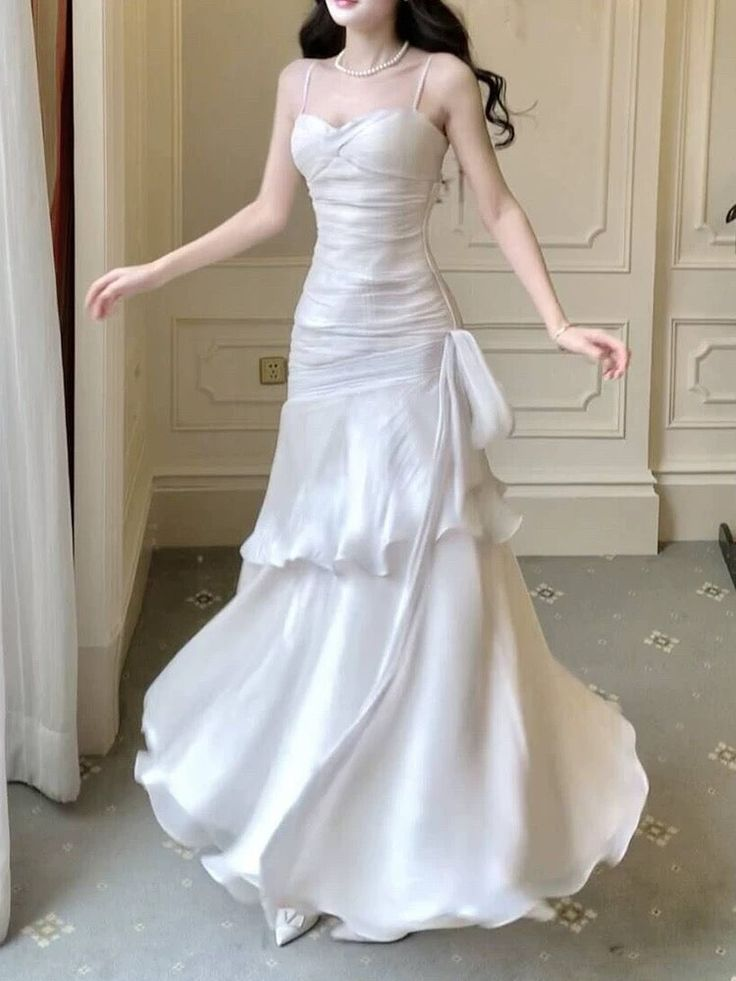 Elegant Straps White Prom Dress Mermaid Long Party Evening Dress cc1757