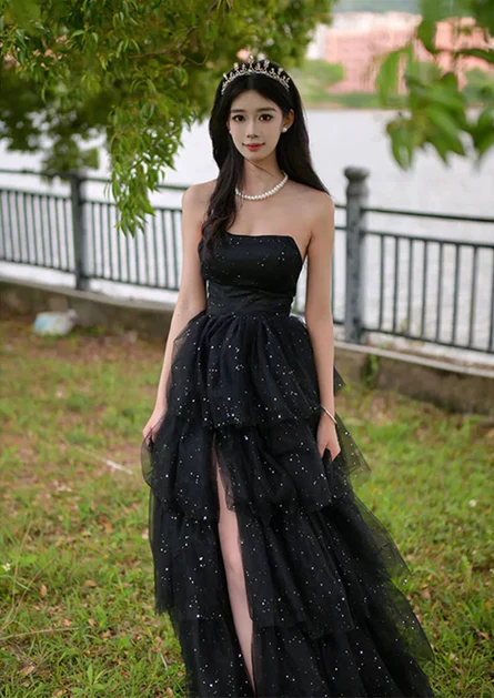 Glitter Black Tulle Layered Long Prom Dress Slit Fairy Ball Gown Party Dress cc1512