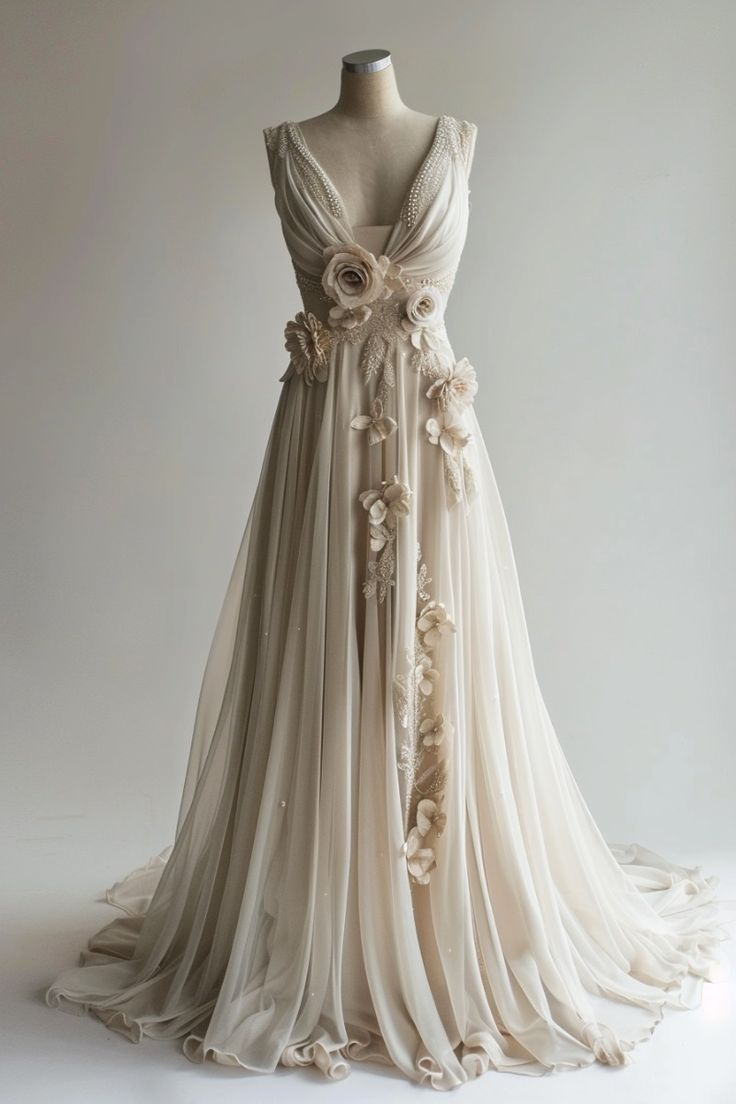Vintage V-Neck Chiffon 3D Flowers Long Prom Dress, Wedding Dress cc2427