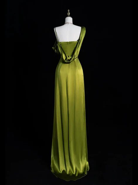 Classy Green Soft Satin One Shoulder Prom Dress, A-Line Long Slit Party Evening Dress cc2671