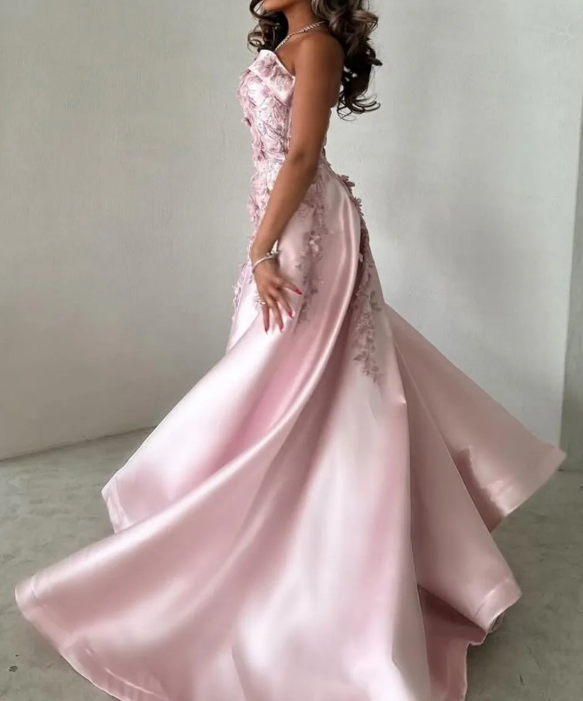 Pretty Pink Strapless Satin Appliques Beaded Formal Prom Dress,Long A Line Party Evening Gown cc2870