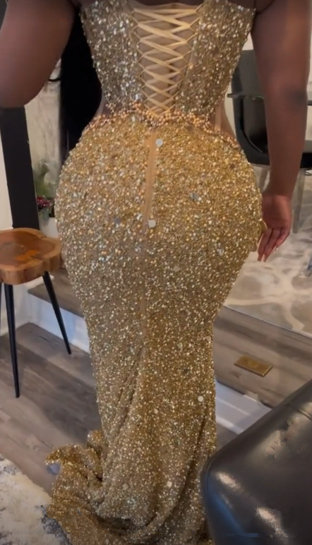 Gorgeous Gold Sequins Appliques Prom Dress Formal Mermaid Evening Dress cc2323