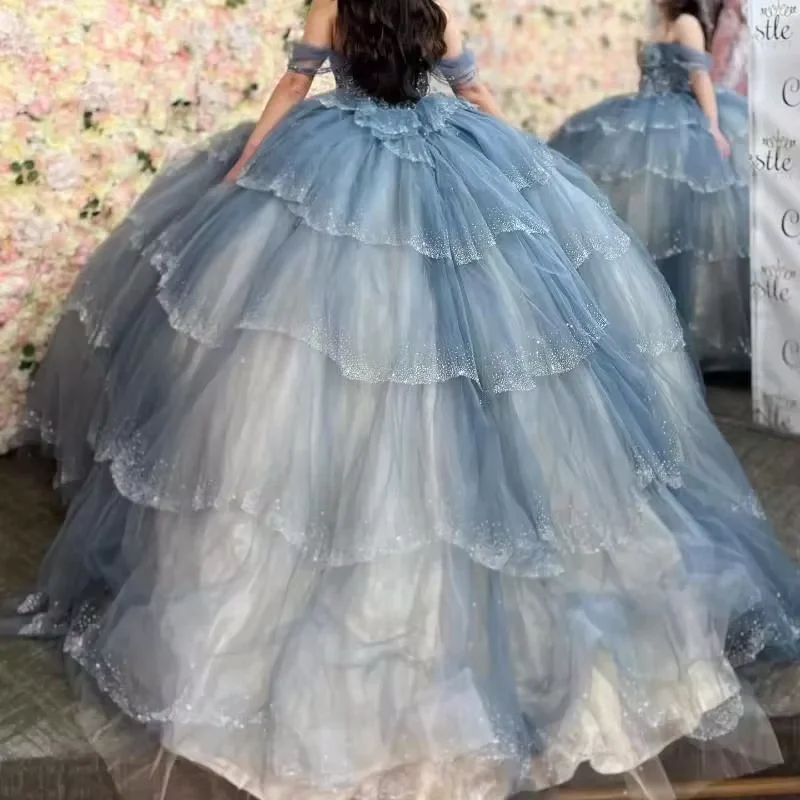 Sparkly Blue Sequin Off The Shoulder Ball Gown,Tulle Layered Sweet 16 Birthday Dress cc2618