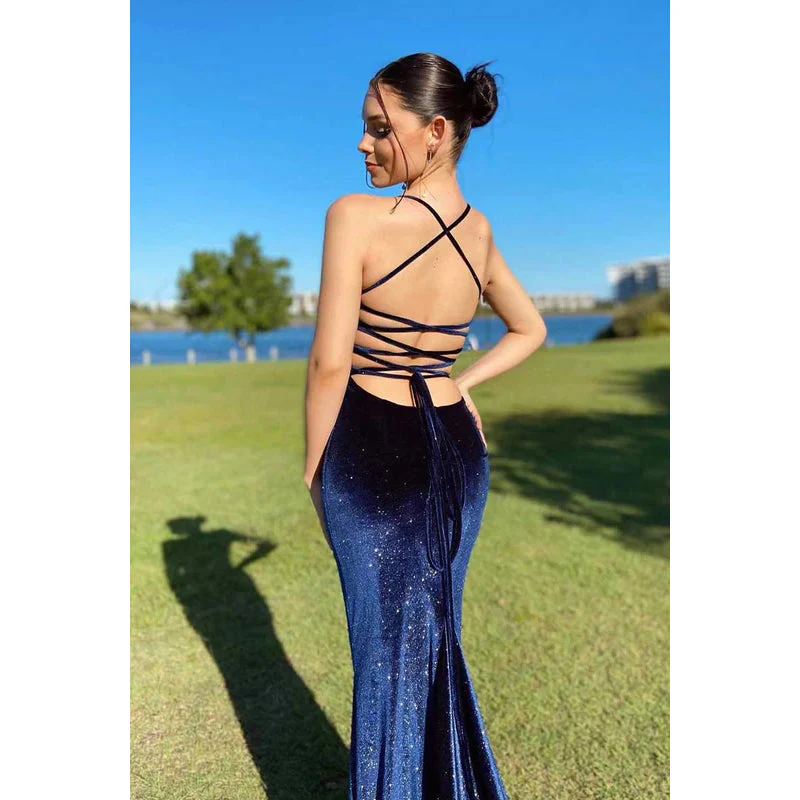 Vintage Navy Blue Velvet Prom Dress Sexy Mermaid Party Evening Gown cc1826