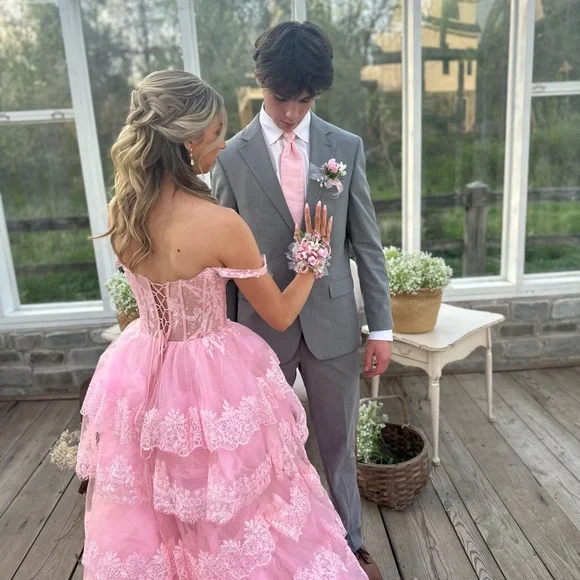 Charming Pink Off The Shoulder Lace Tulle Layered Evening Dress Formal Prom Dress cc2168