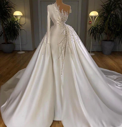 Gorgeous One Shoulder Satin White Beading Mermaid Prom Dresses C1378