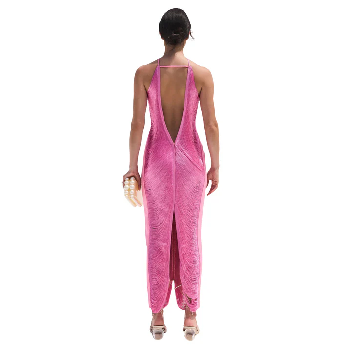Classy Hot Pink Halter Satin Backless Prom Evening Dress,Slit Party Gown cc2916